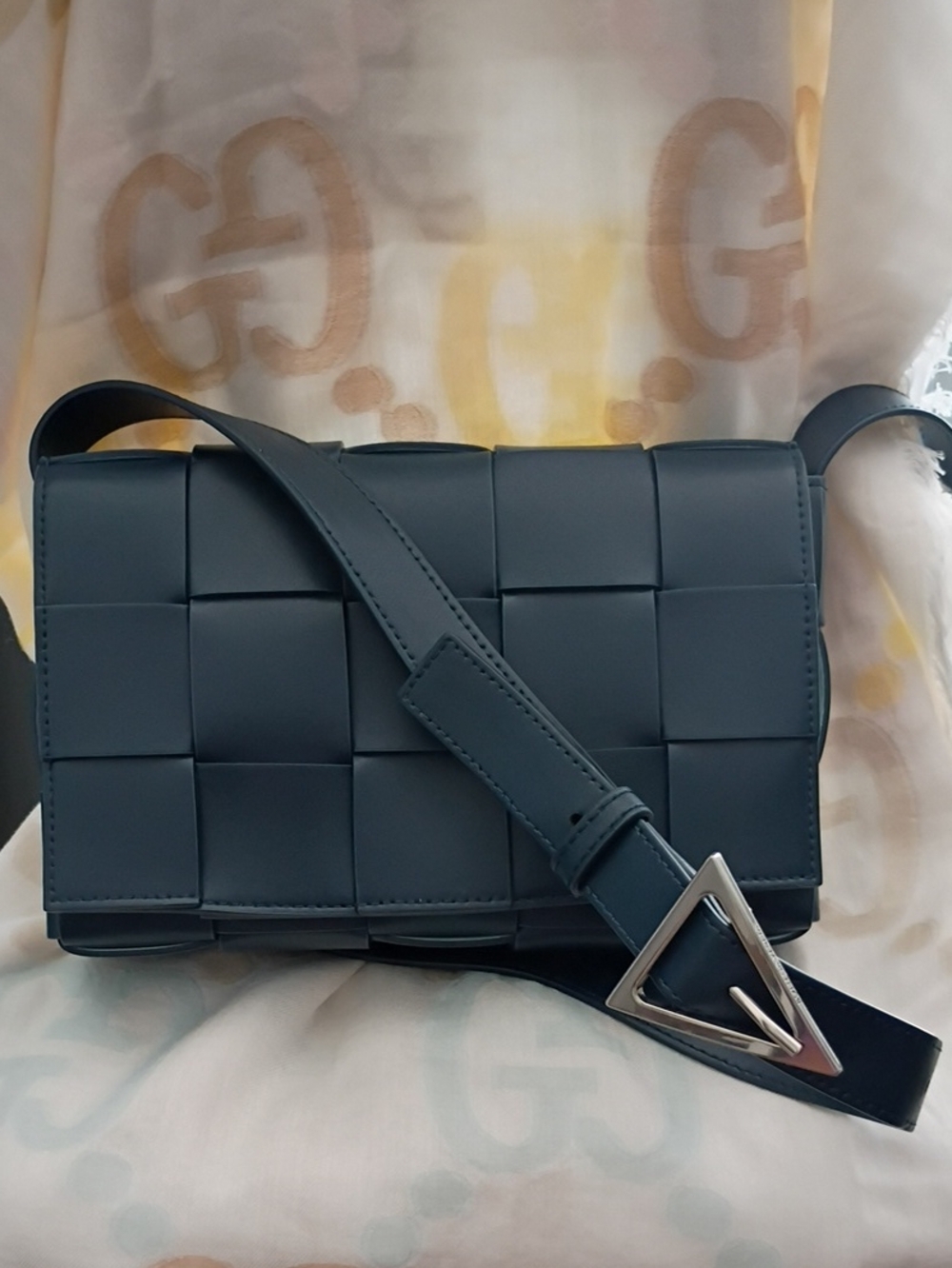 Bottega Veneta Navy Cassette Leather Crossbody with Triangular Buckle